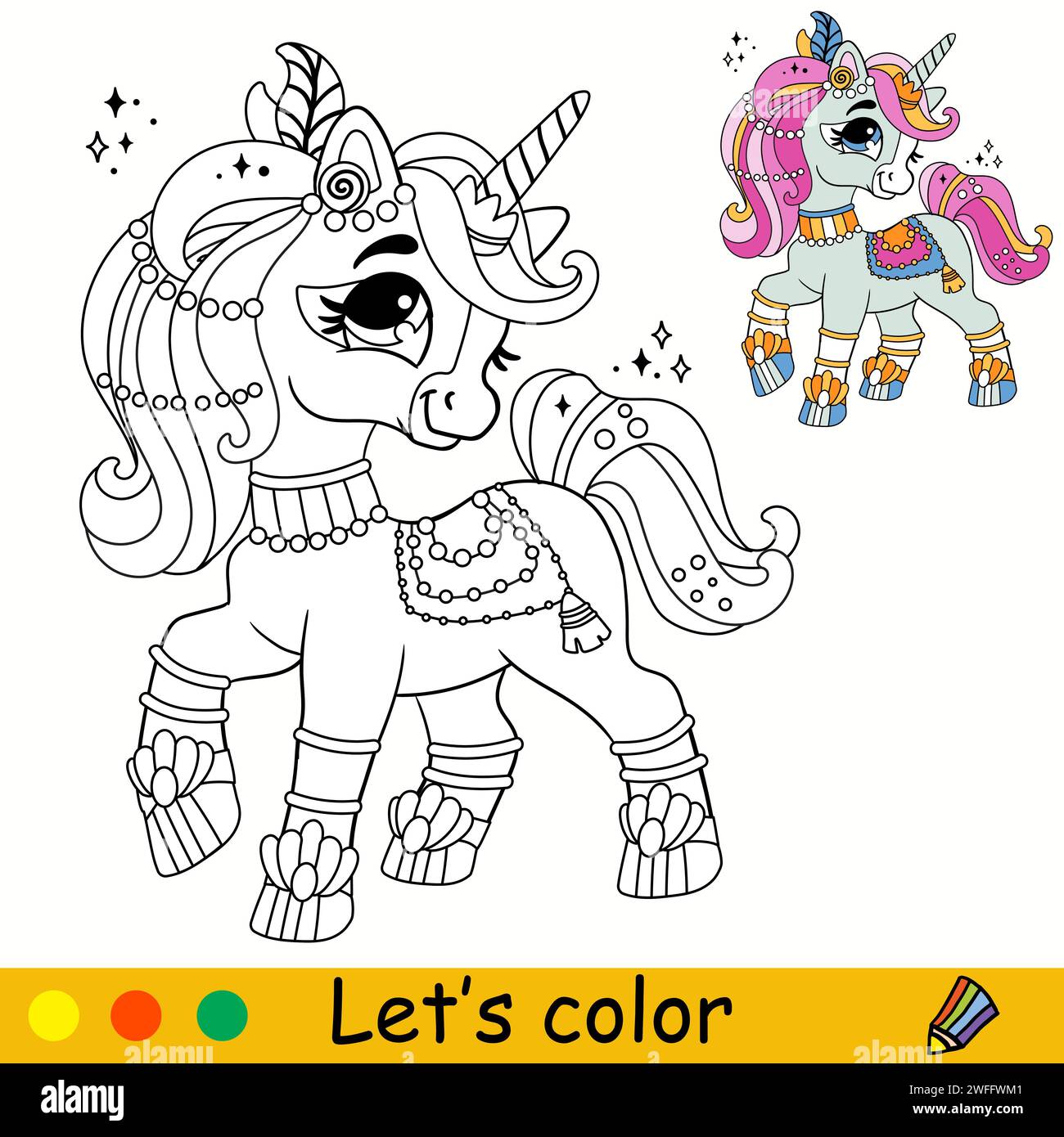 Cartoon cute magic unicorn. Kids coloring book page. Unicorn character ...