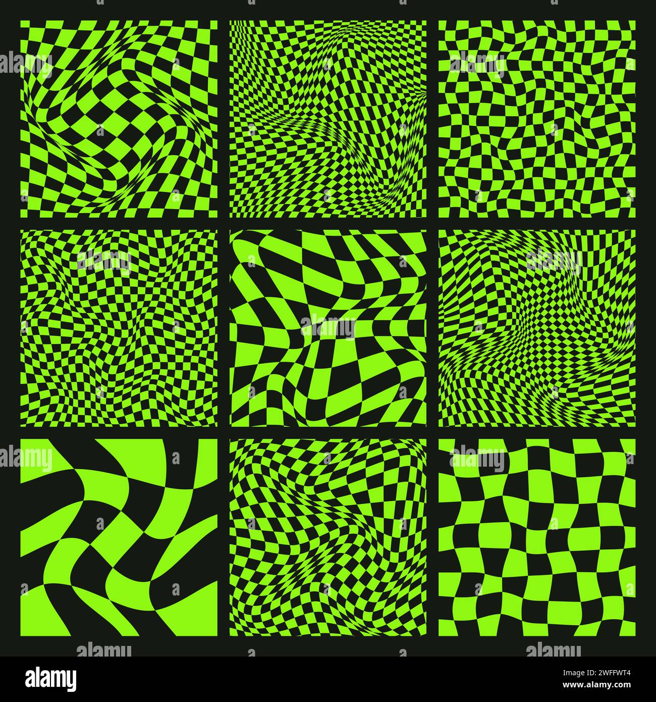 Trendy checkered pattern, black and green distorted tiled grid. Wavy ...
