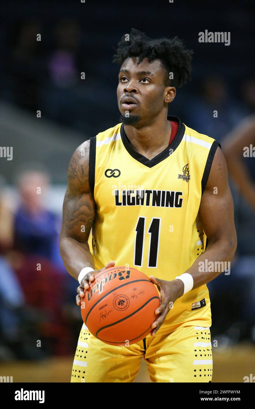 London Ontario Canada, Jan 28 2024. The London Lightning snap their 8 game winning streak with a lost to The Montreal Toundra. Mike Nuga(11) of the Lo Stock Photo