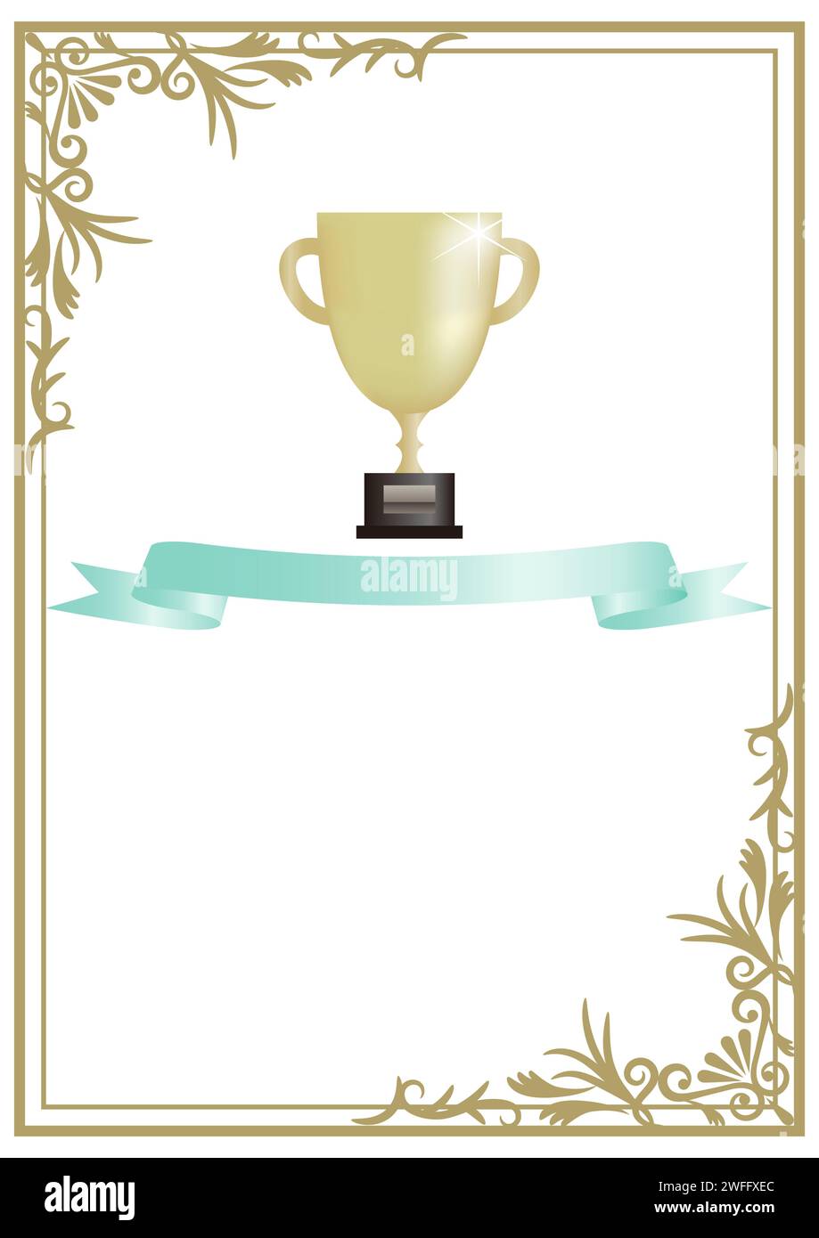 A refreshing award frame with a trophy and light blue ribbon. vertical design.  Illustrations that can be used for awards in sports, contests, etc. Stock Vector