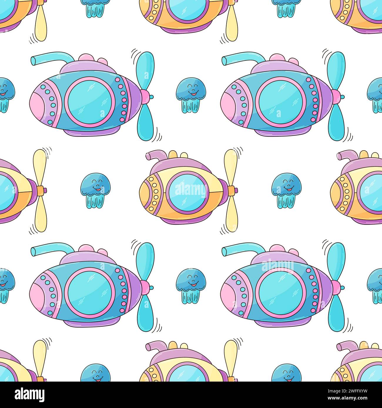 Marine seamless pattern. Submarines. Children's cute hand drawings. Can be used for fabric and etc Stock Vector