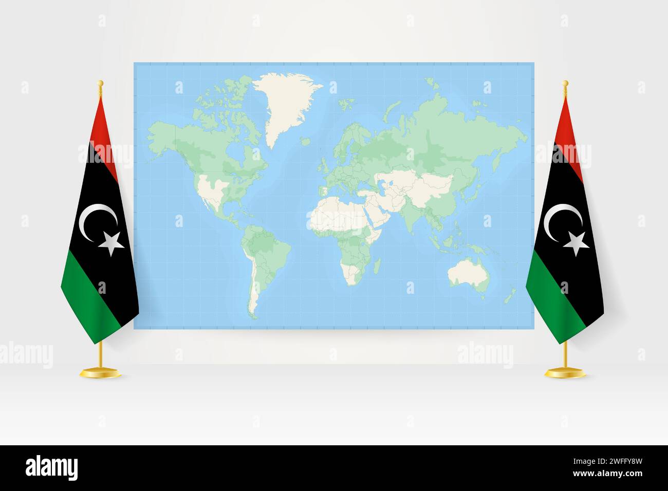 World Map between two hanging flags of Libya on flag stand. Vector illustration for diplomacy meeting, press conference and other. Stock Vector