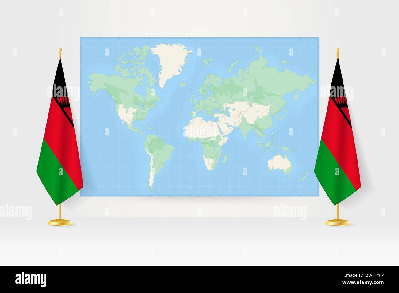 World Map between two hanging flags of Malawi on flag stand. Vector ...