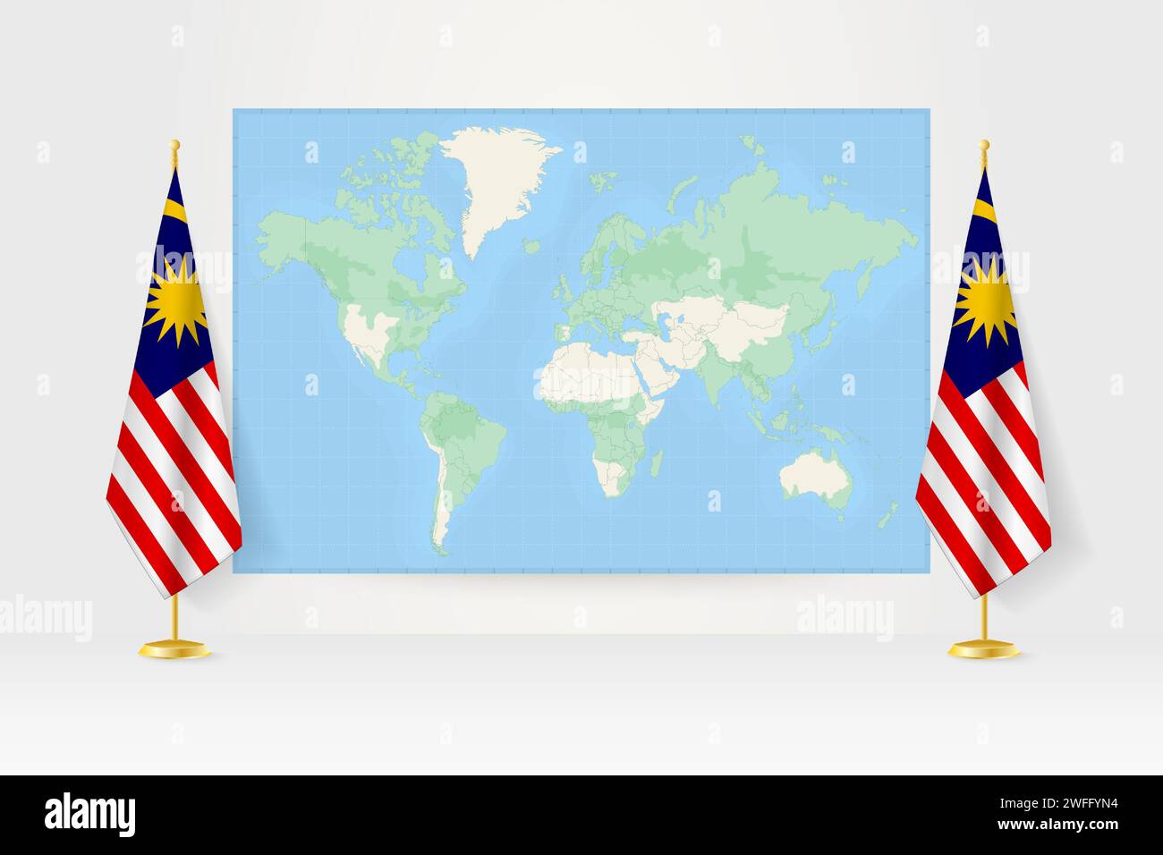 World Map between two hanging flags of Malaysia on flag stand. Vector ...