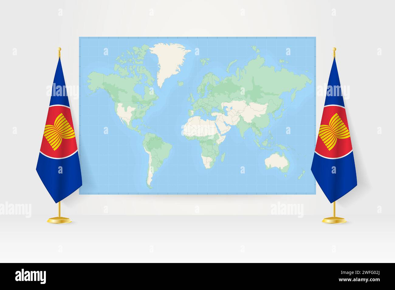 World Map between two hanging flags of ASEAN on flag stand. Vector illustration for diplomacy meeting, press conference and other. Stock Vector