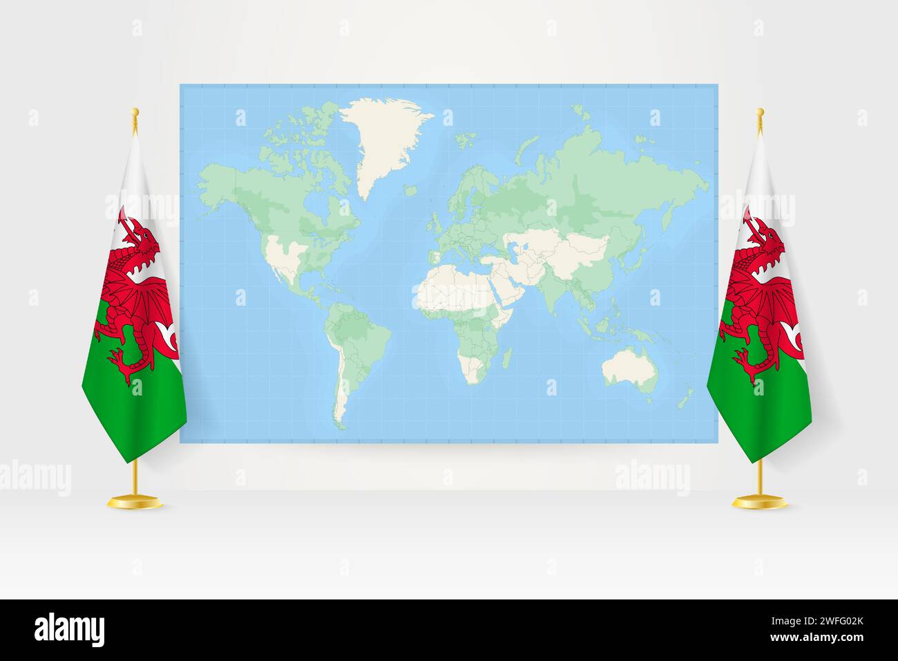 World Map between two hanging flags of Wales on flag stand. Vector ...