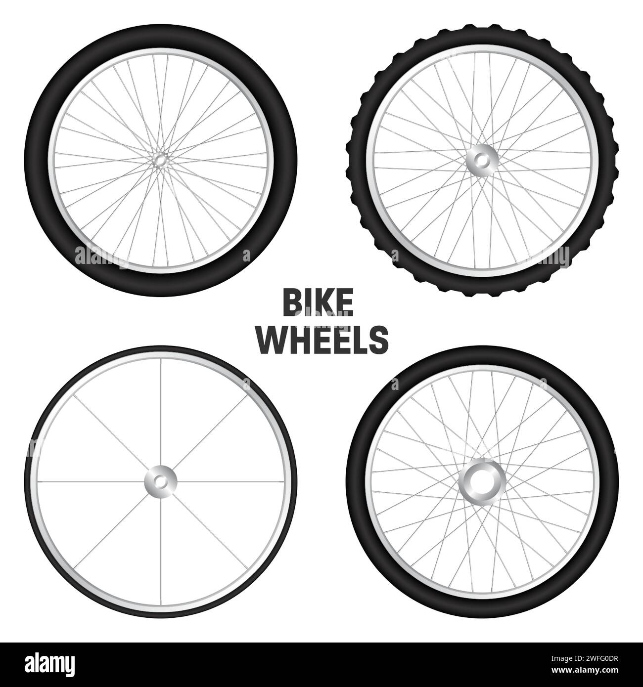 Realistic 3d bicycle wheels. Bike rubber tyres, shiny metal spokes and