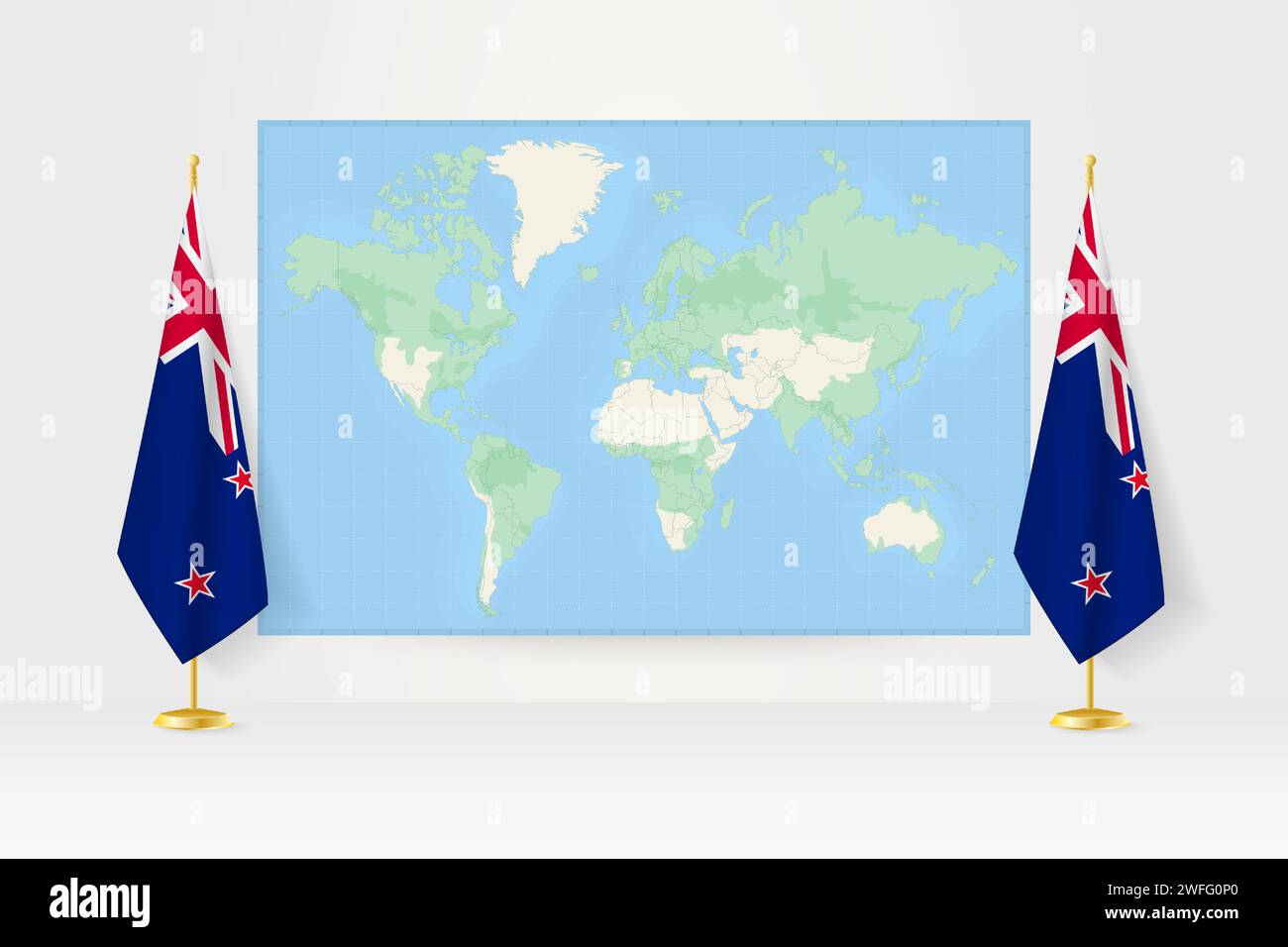 World Map between two hanging flags of New Zealand on flag stand ...