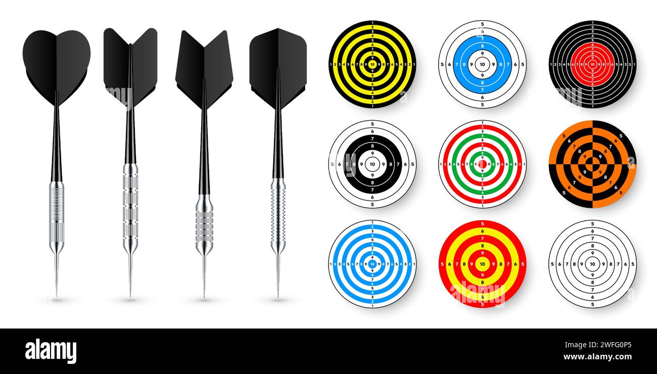 Paper targets with dart arrows and shadows. Shooting range round target, divisions, marks and numbers. Gun shooting practise and training, sport Stock Vector