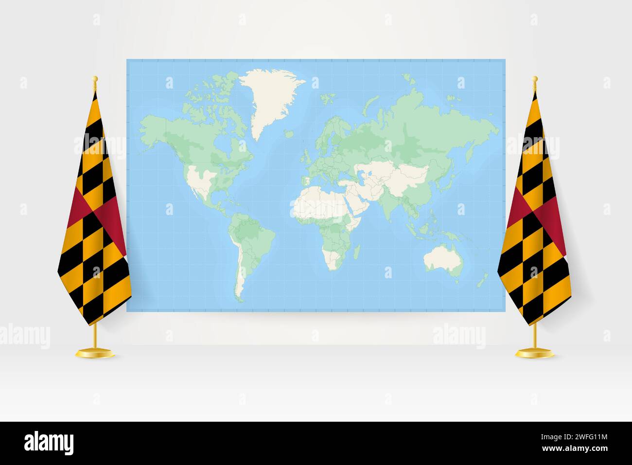 World Map between two hanging flags of Maryland on flag stand. Vector ...