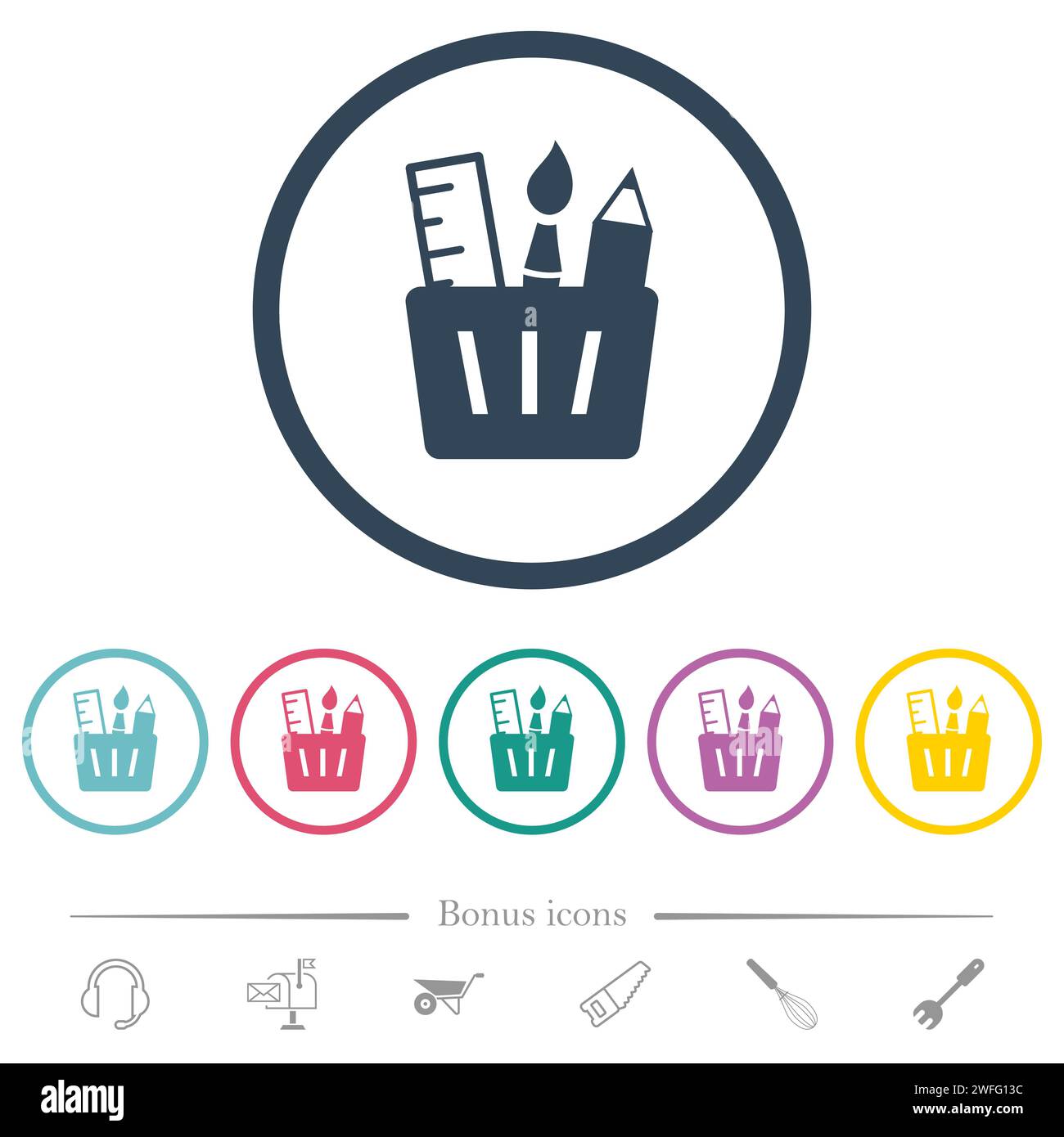 Drawing tools solid flat color icons in round outlines. 6 bonus icons ...