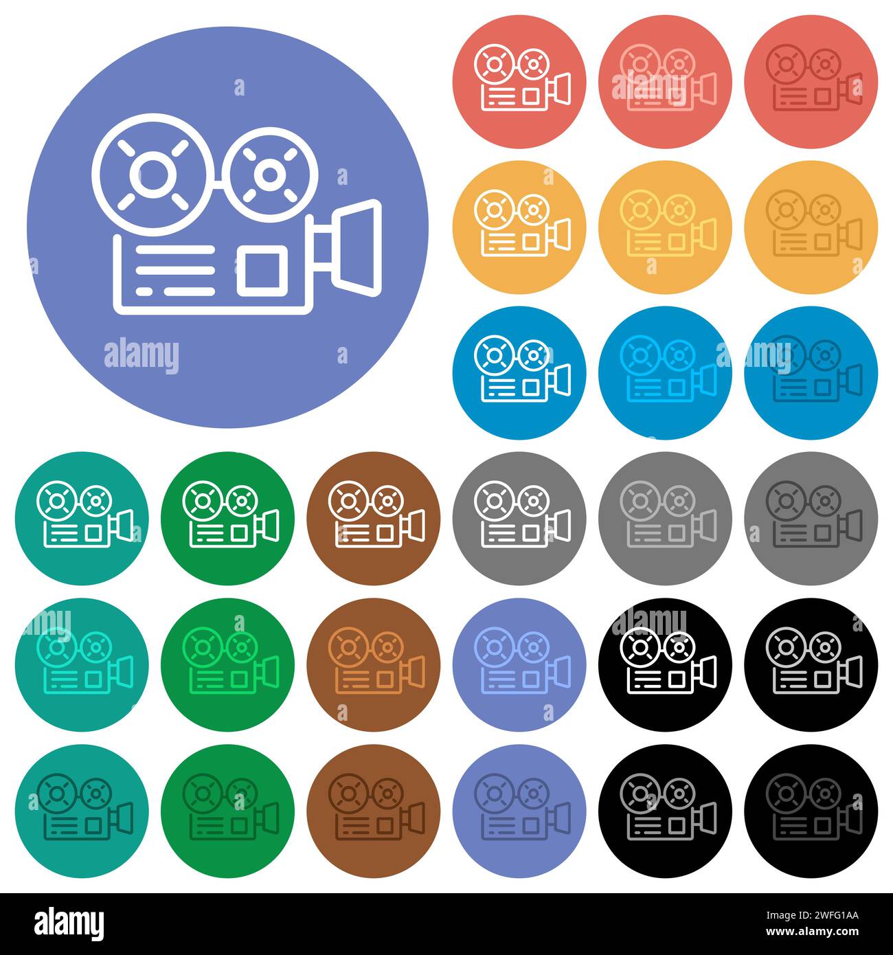 Movie camera outline multi colored flat icons on round backgrounds. Included white, light and dark icon variations for hover and active status effects Stock Vector