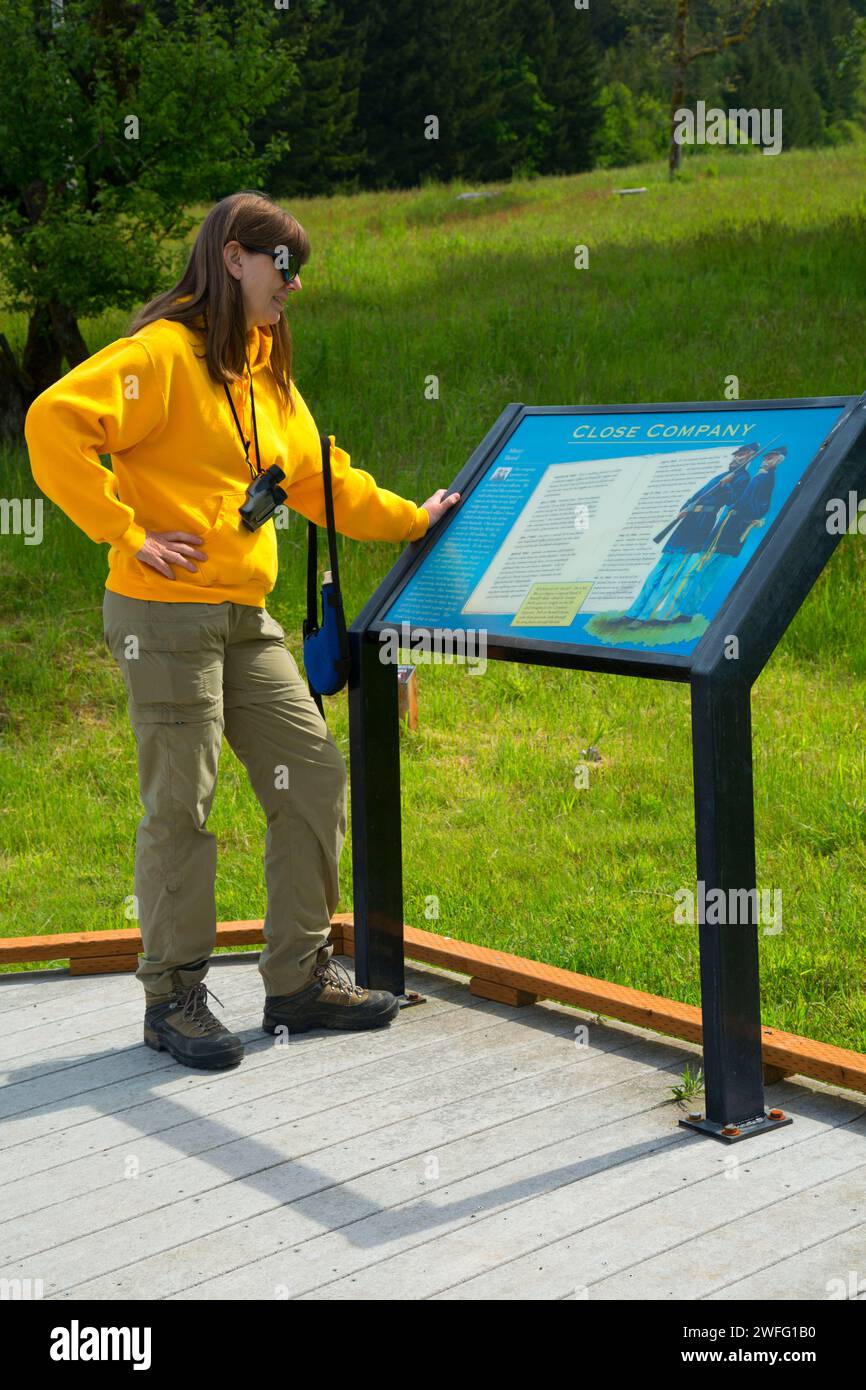 Interpretive board along park trail, Fort Yamhill State Park, Oregon Stock Photo