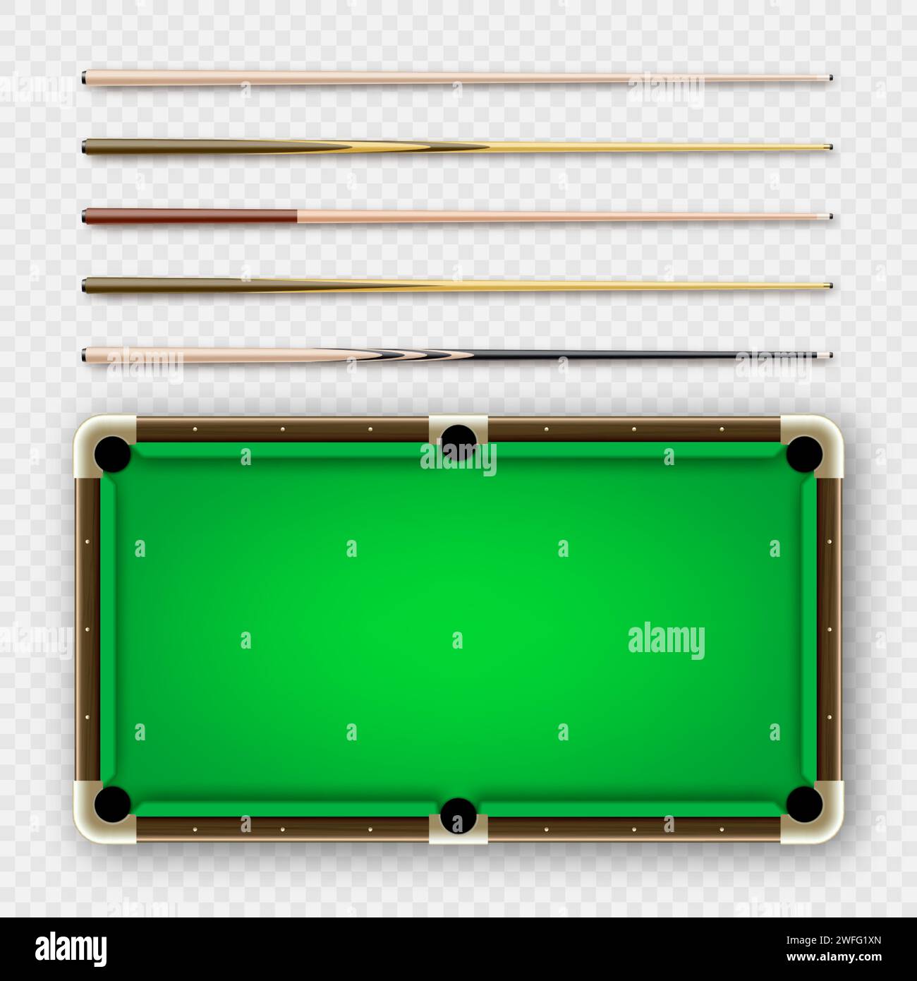 Various wooden billiard cues and green pool table. Snooker sports ...