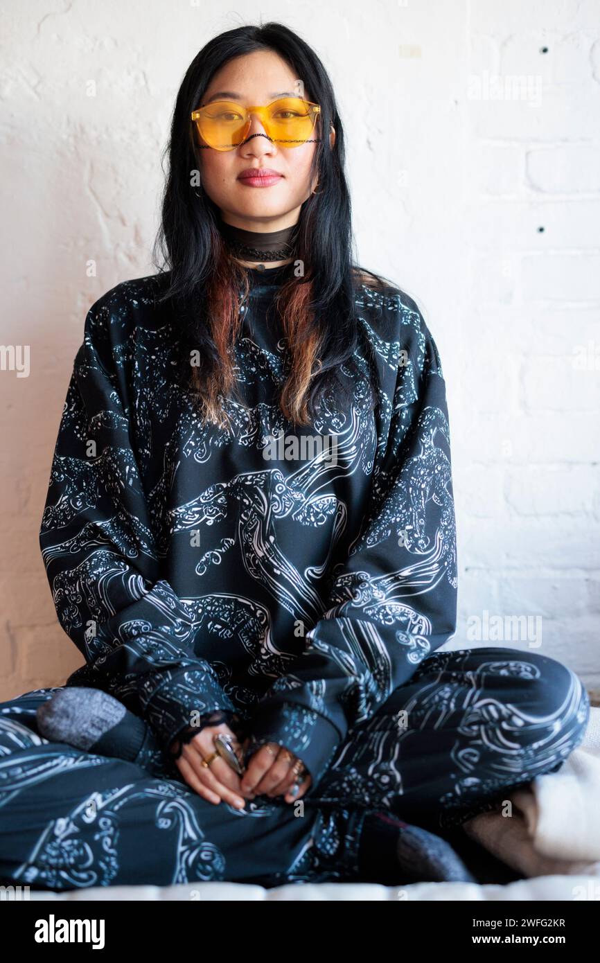 Berlin, Germany. 29th Jan, 2024. Rania Kim, musician, sits in a studio at Riverside Studios Berlin in Kreuzberg. (to dpa 'How artificial intelligence is changing the world of music') Credit: Carsten Koall/dpa/Alamy Live News Stock Photo