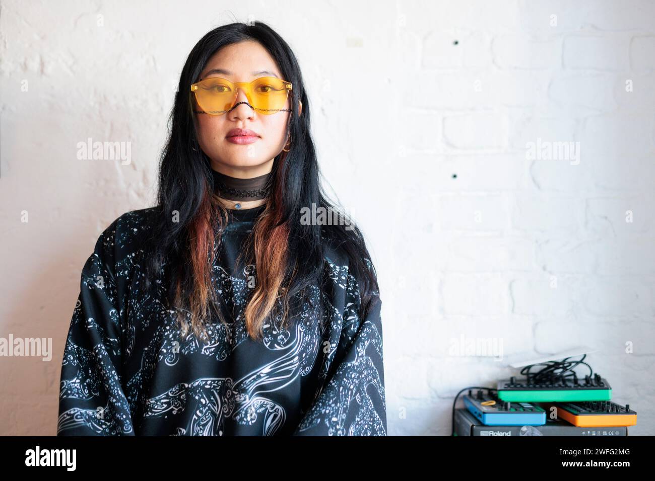 Berlin, Germany. 29th Jan, 2024. Rania Kim, musician, sits in a studio at Riverside Studios Berlin in Kreuzberg. (to dpa 'How artificial intelligence is changing the world of music') Credit: Carsten Koall/dpa/Alamy Live News Stock Photo