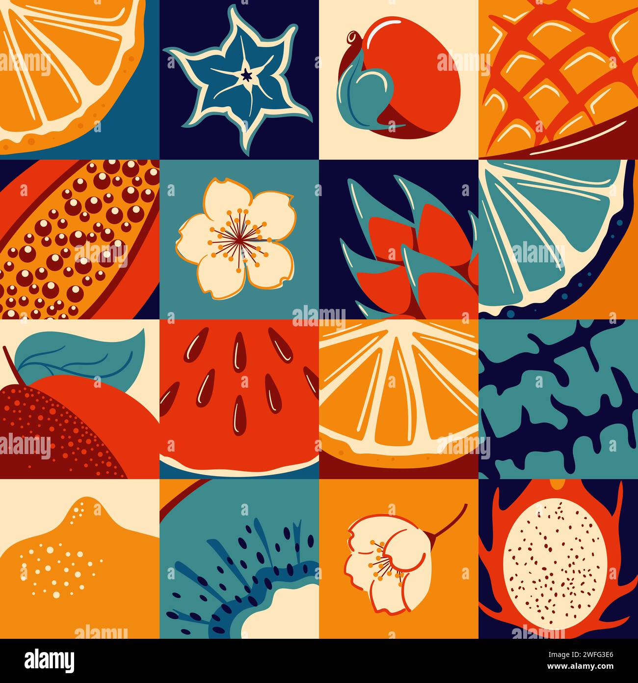 Tropical exotic fruits. Retro design. Vintage summer seamless pattern. Fresh lemon and lime wedges, watermelon, pitahaya dragon, star fruit and papaya Stock Vector