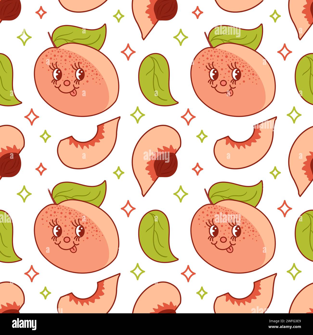 Peach Fuzz a cute retro cartoon character. Groovy vintage summer seamless pattern. 1970s. Tropical exotic fruits. Healthy food. Trendy old style. For Stock Vector