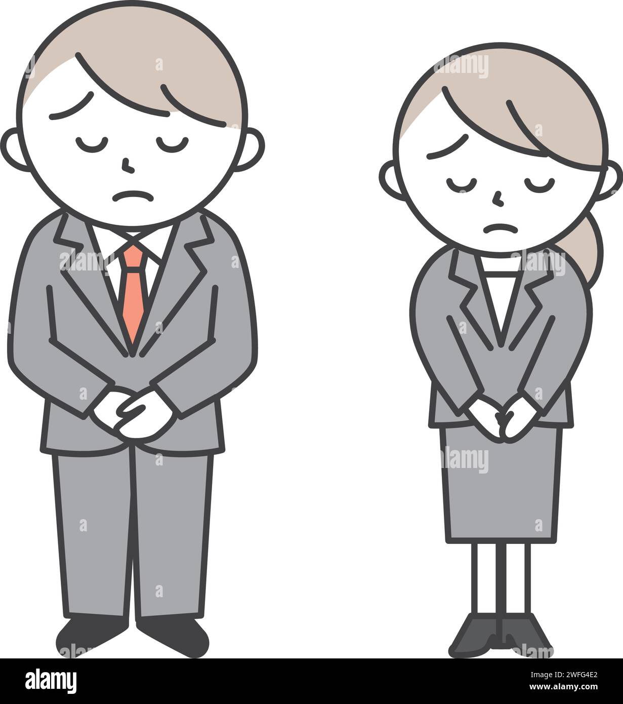 A young man and woman in suits bow and apologize with troubled