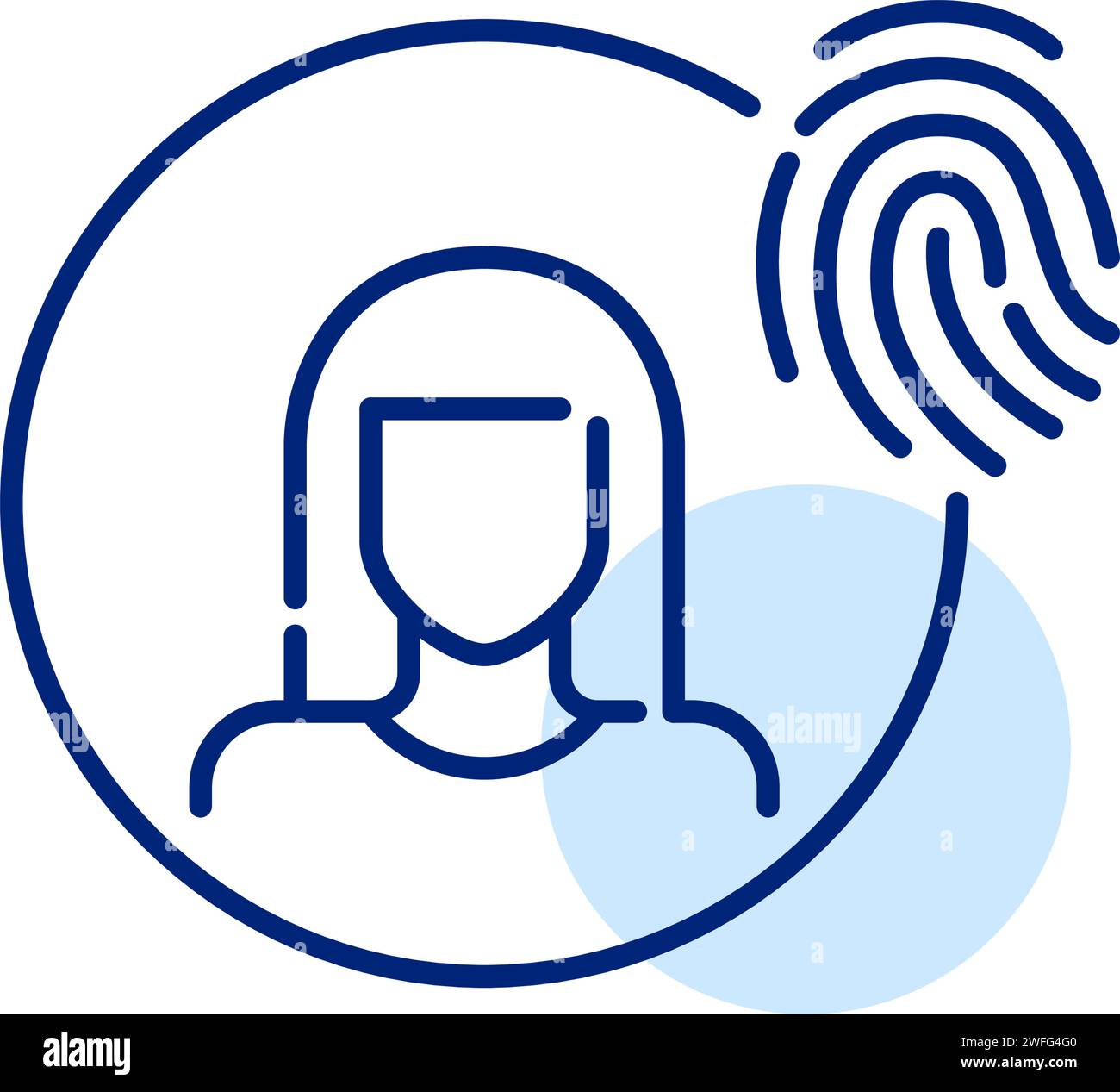 Biometric account access. Woman picture and fingerprint. Pixel perfect, editable stroke Stock Vector