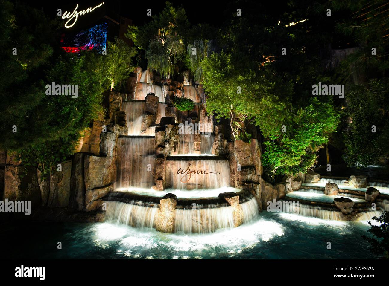 The Waterfall of Wynn Las Vegas Mountain at Night Stock Photo