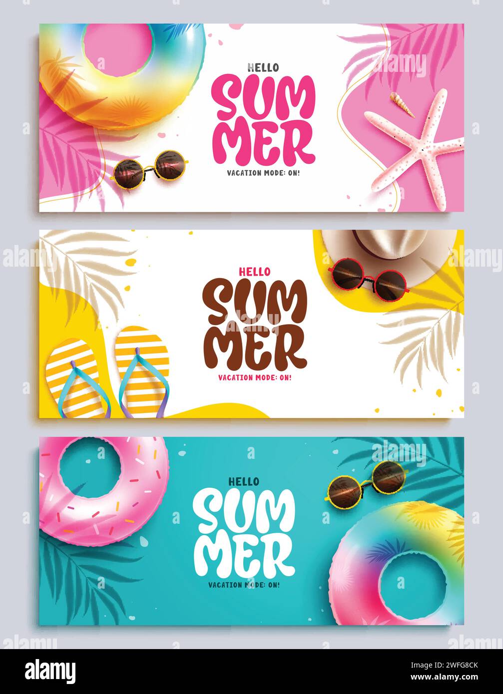 Summer hello banner set design. Hello summer text greeting with beach, tropical and seasonal elements for poster and template collection. Vector Stock Vector