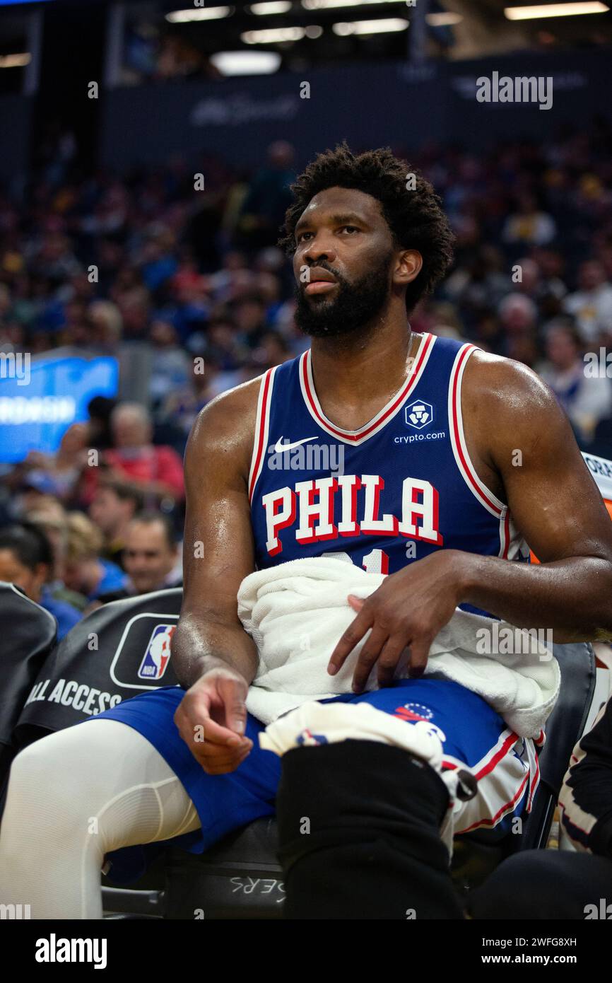 Philadelphia 76ers center Joel Embiid (21) watches his team take on the ...