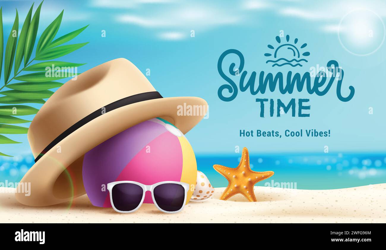 Summer time vector design. Summer time text with hat, beachball and sunglasses in seashore and seaside decoration elements for tropical season Stock Vector
