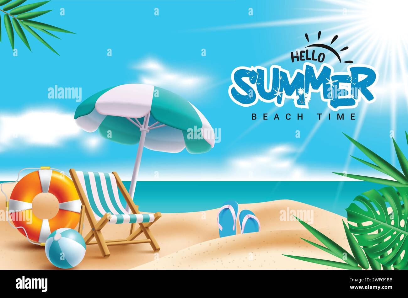 Summer hello text vector design. Hello summer greeting text beach time with chair, lifebuoy, umbrella and beachball elements in beach seaside Stock Vector