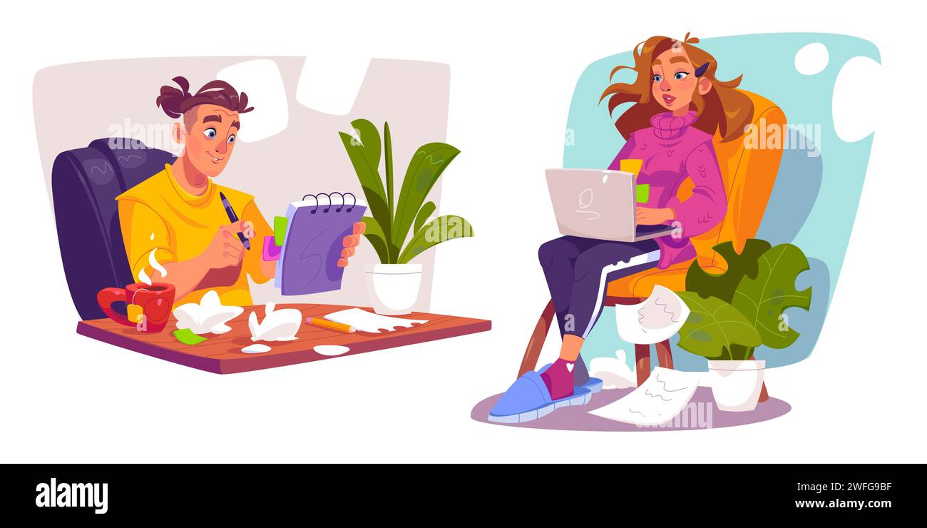 Man and woman book writer or journalist creating story or article with laptop and notebook. Cartoon vector illustration set of female and male copywriter and author during essay creation process. Stock Vector