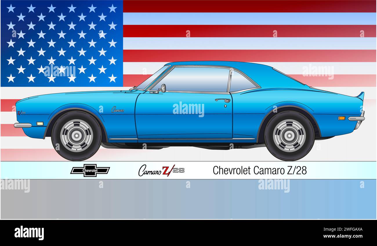 USA United States, year 1966, Chevrolet Camaro Z28 vintage car, coloured silhouette on the flag background, illustration Stock Photo
