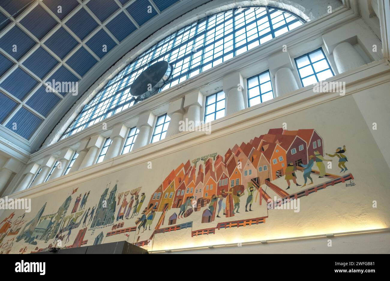 Murals on the wall of Bergen train station, Bergen, Norway Stock Photo