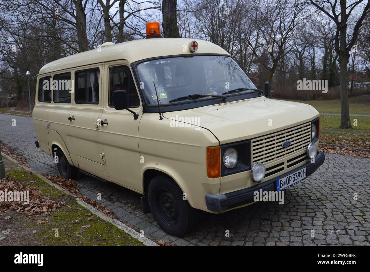 Berlin, Germany - January 27, 2024 - Vintage ambulance in Dahlem. (Photo by Markku Rainer Peltonen) Stock Photo