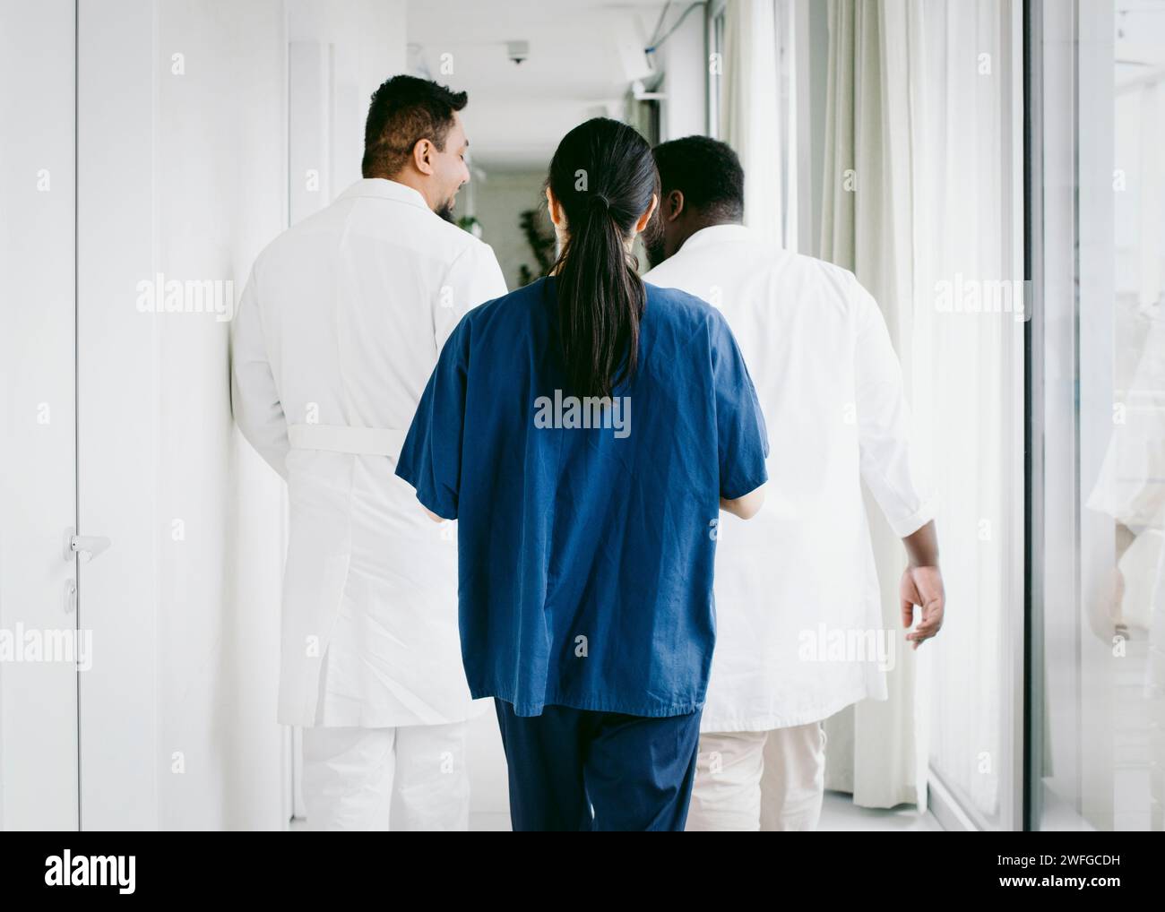 Rear view of multiracial healthcare team walking in corridor at hospital Stock Photo