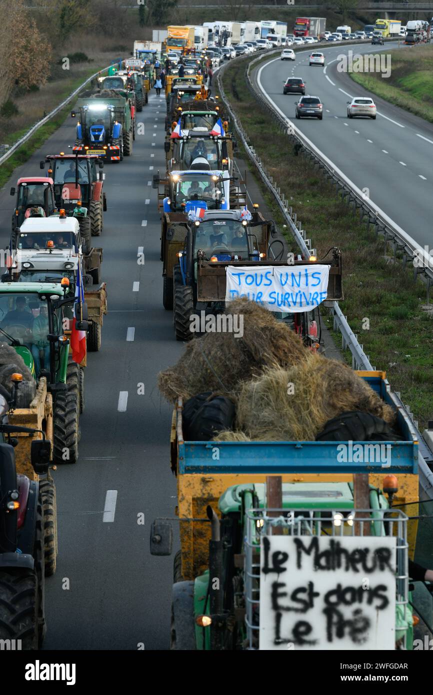 France, Bordeaux, 29 January 2024, Farmers' demonstration, blockade of