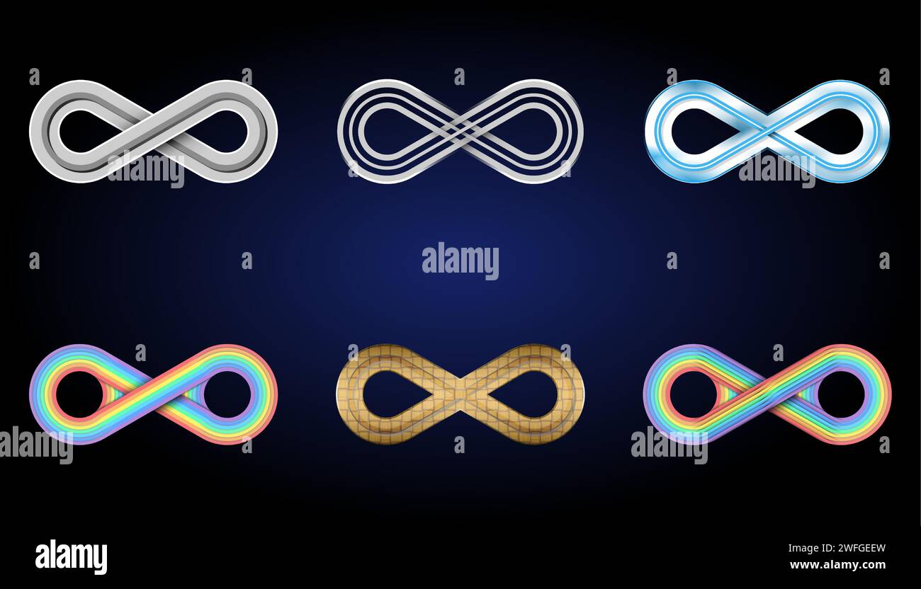 infinity symbols in various colors and sizes on a blue background. Stock Vector