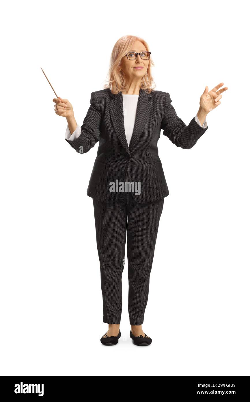 Full length portrait of a woman conducting an orchestra isolated on white background Stock Photo
