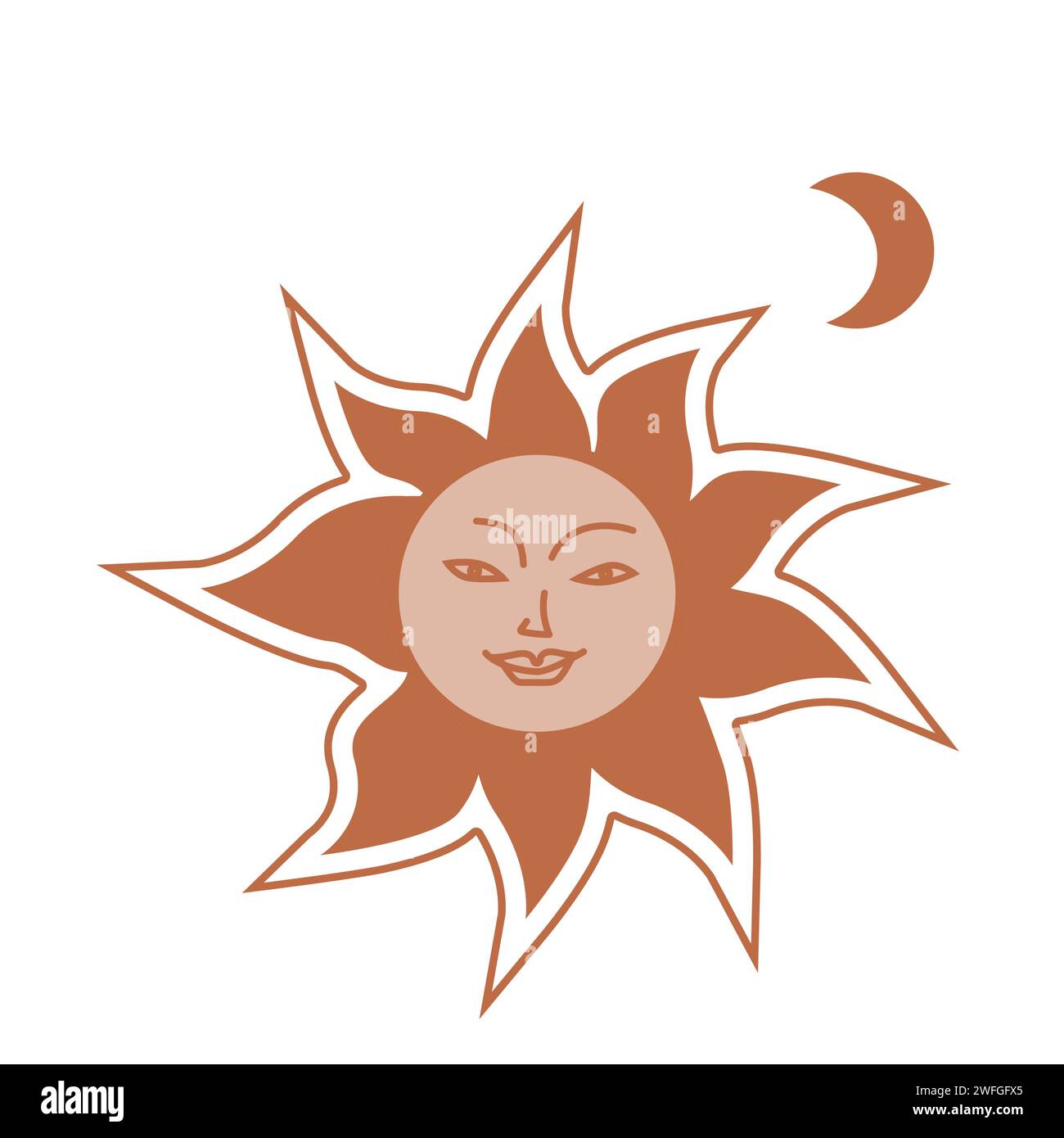 Hand drawn western sun and moon boho elements. Vector illustration in brown colors. Cute mystic sun with face icon. Can used for decoration, card, poster.  Stock Vector