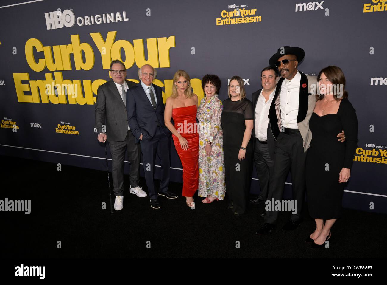 January 30, 2024, West Hollywood, California, United States: (L-R) Jeff Garlin, Larry David, Cheryl Hines, Susie Essman, Amy Gravitt, Jeff Schaffer, J. B. Smoove and Laura Streicher attend HBO's ''Curb Your Enthusiasm'' Season 12. (Credit Image: © Billy Bennight/ZUMA Press Wire) EDITORIAL USAGE ONLY! Not for Commercial USAGE! Stock Photo