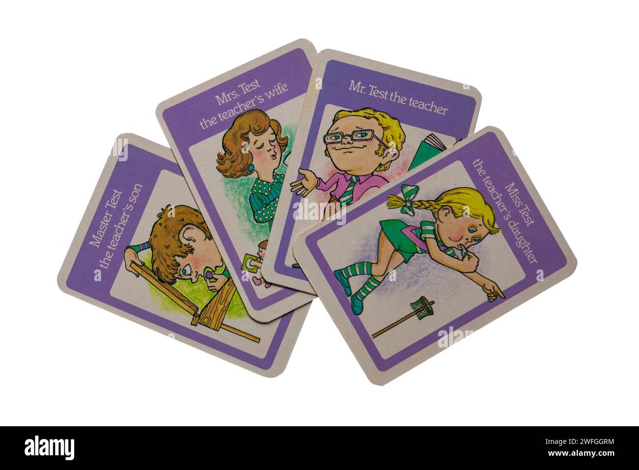 Old retro Happy Families playing cards isolated on white background ...