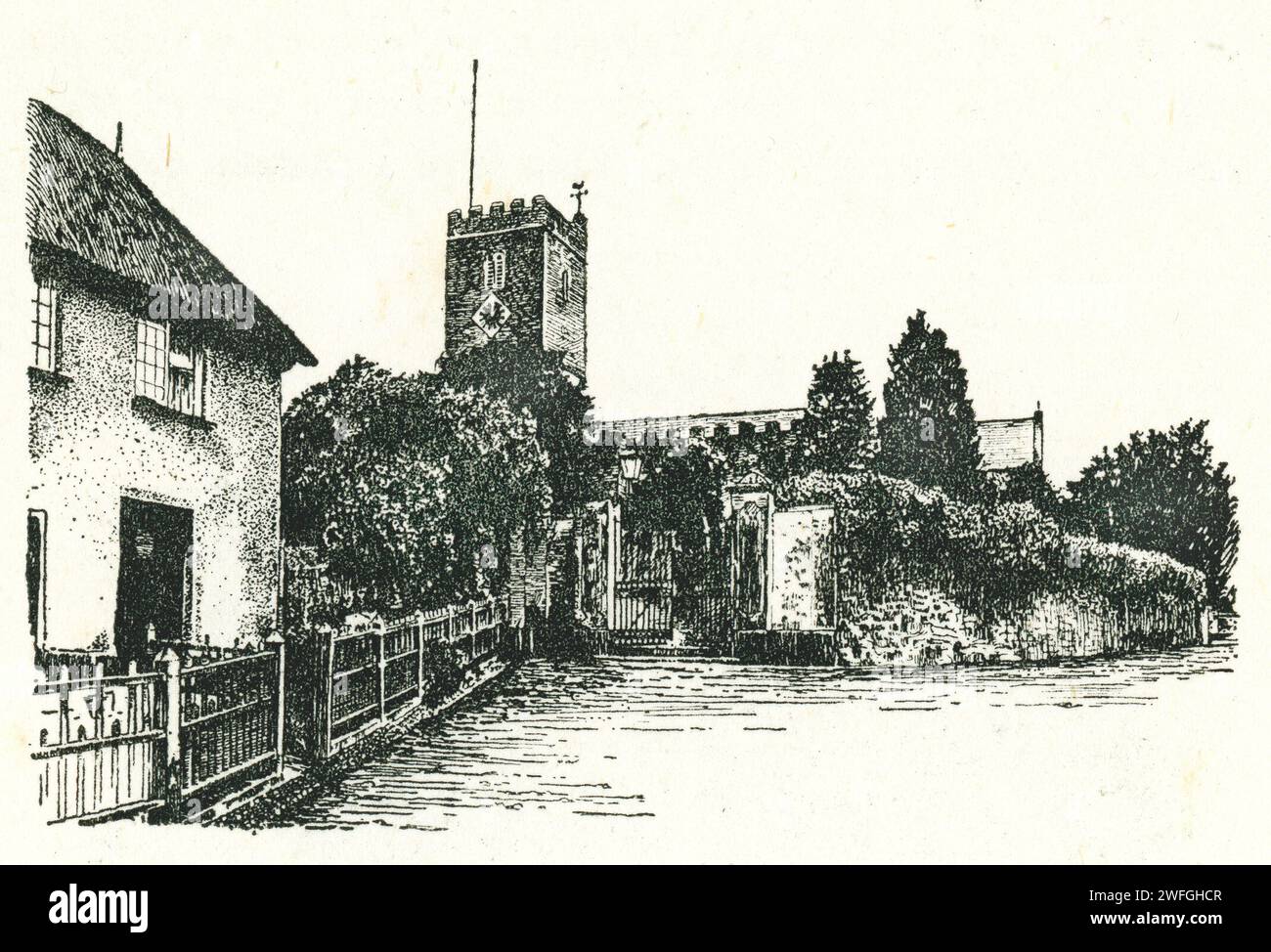 Pen and ink drawing of All Saint's Church, in the beautiful viilage of East Budleigh, Devon. Illustration from the book Glorious Devon.  by S.P.B. Mais, published by London Great Western Railway Company, 1928 Stock Photo