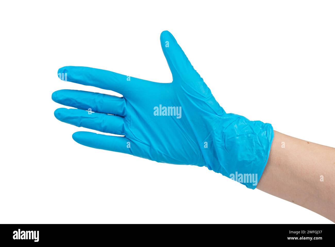 Doctor wearing blue nitrile gloves isolated on white background Stock