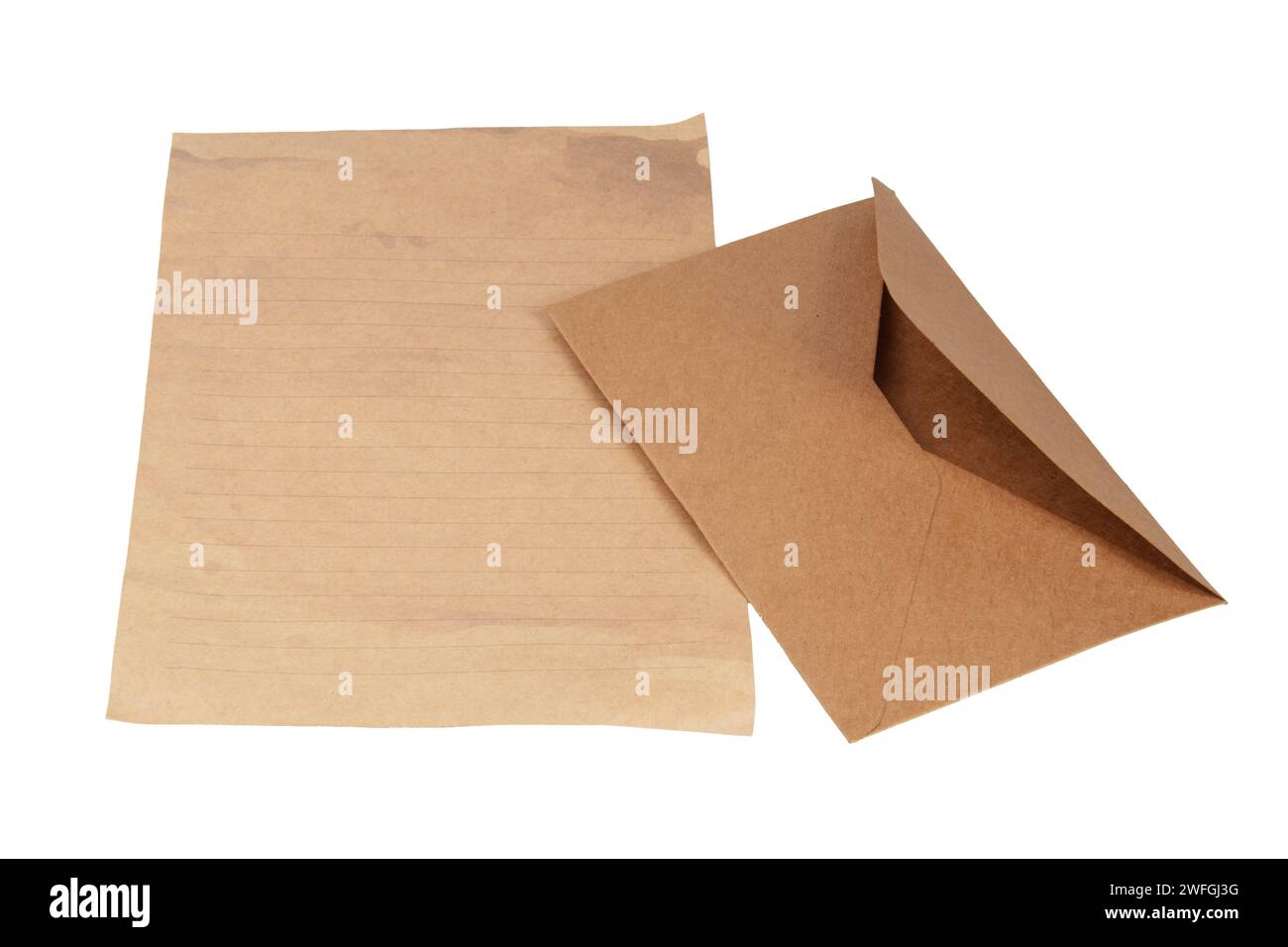 brown envelope with a blank card over white Stock Photo