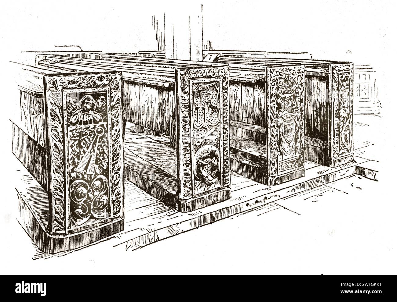 Pen and ink sketc - East Budleigh Church, Ralegh's arms on pew ends. Illustration from the book Glorious Devon.  by S.P.B. Mais, published by London Great Western Railway Company, 1928 Stock Photo