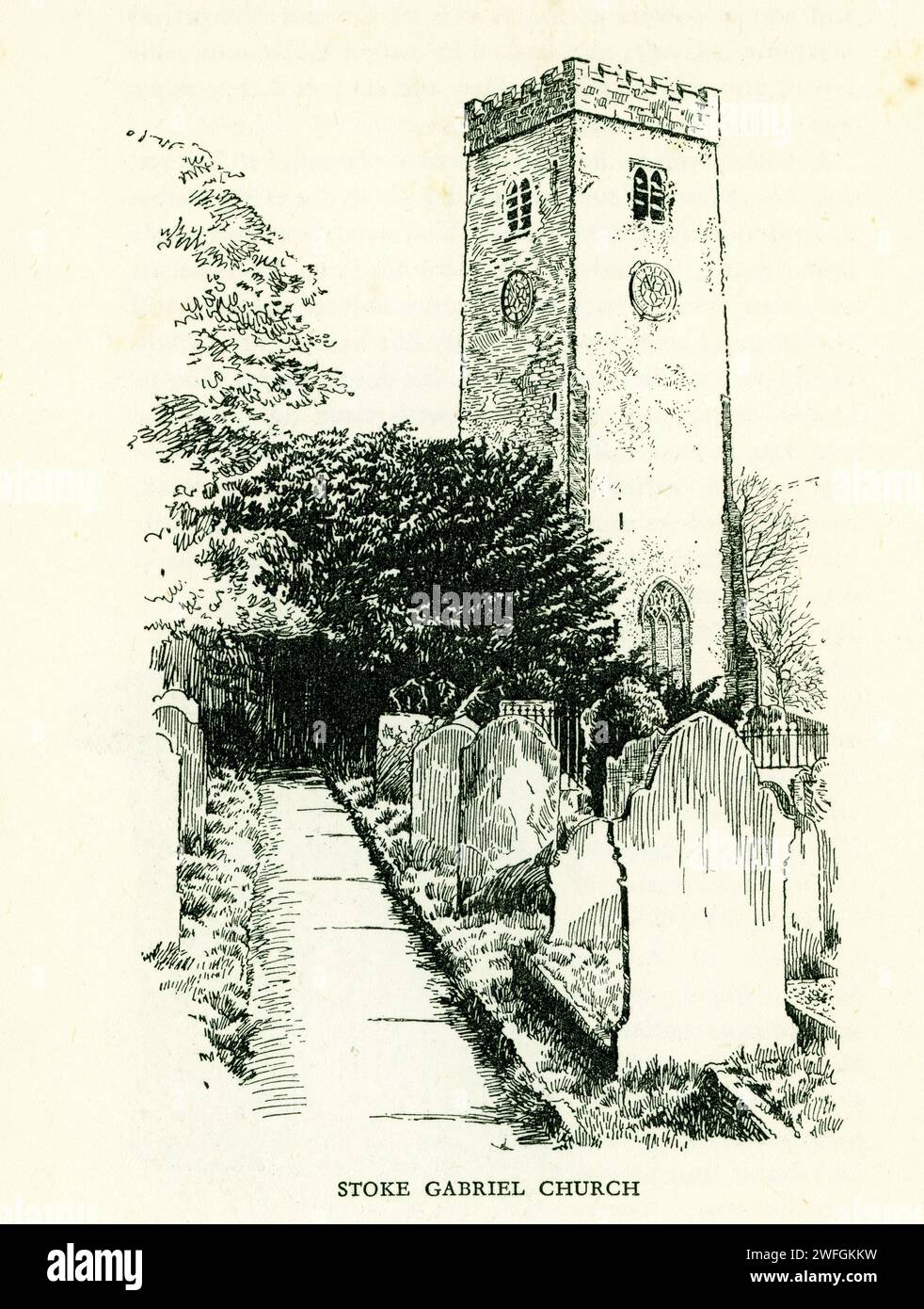 Pen and ink sketch -  Stoke Gabriel Church, River Dart Creek, South Hams district, Devon from the book Glorious Devon.  by S.P.B. Mais, published by London Great Western Railway Company, 1928 Stock Photo