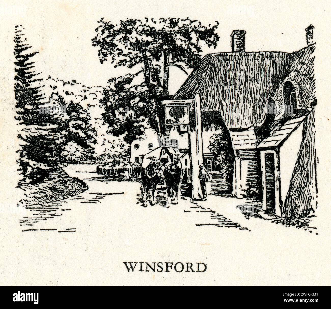 Pen and ink sketch Winsford, Devon from the book Glorious Devon. by S