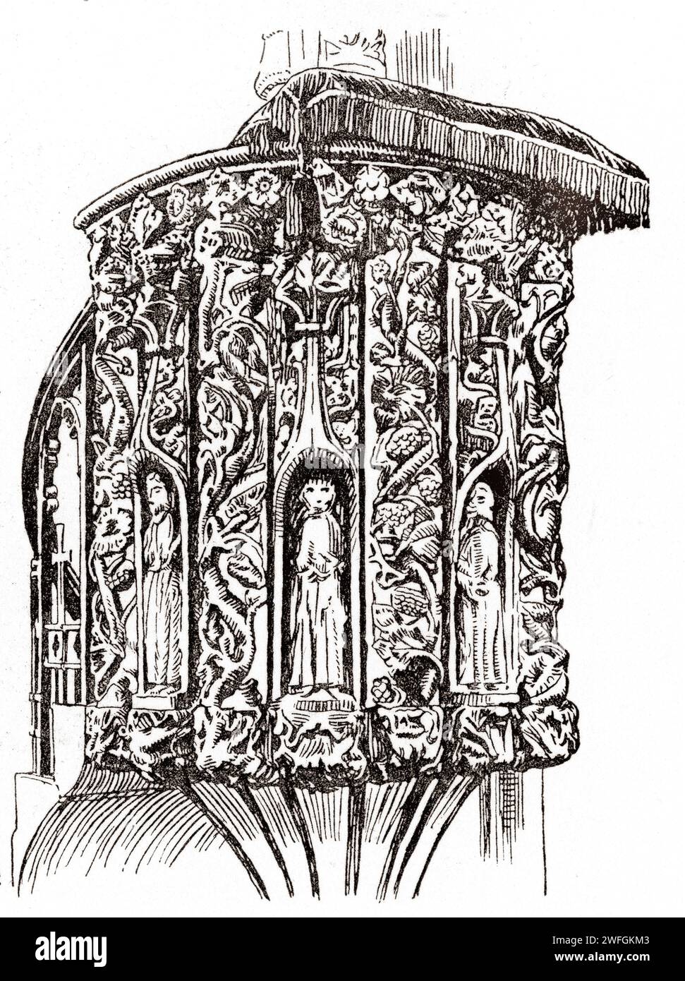 Pen and ink sketch - Dittisham, South Hams District, Devon - St George's church pulpit, the carved and painted stone pulpit dates from the 15th Century. Illustration from the book Glorious Devon  by S.P.B. Mais, published by London Great Western Railway Company, 1928 Stock Photo