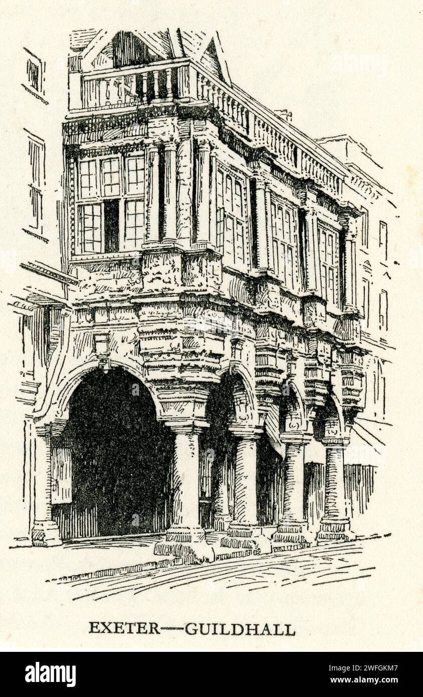 Pen and ink sketch - Exeter - historic Guildhall,.  From the book Glorious Devon.  by S.P.B. Mais, published by London Great Western Railway Company, 1928 Stock Photo