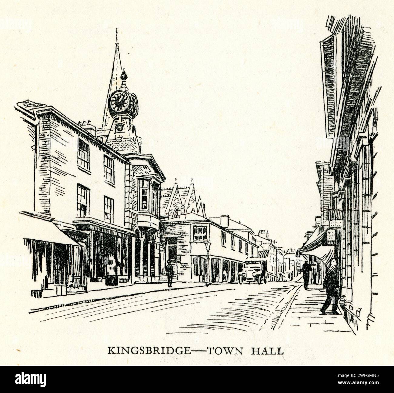 Pen and ink sketch - Kingsbridge town hall.  From the book Glorious Devon.  by S.P.B. Mais, published by London Great Western Railway Company, 1928 Stock Photo