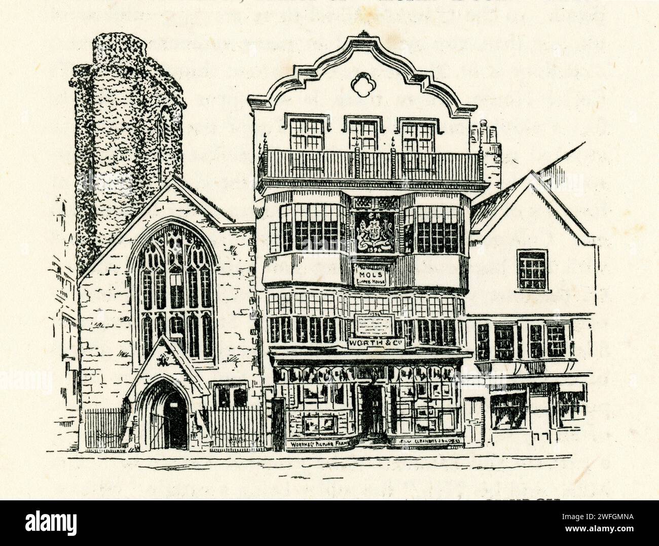 Pen and Ink drawong of Mol's coffee House, Exeter From the book Glorious Devon.  by S.P.B. Mais, published by London Great Western Railway Company, 1928 Stock Photo